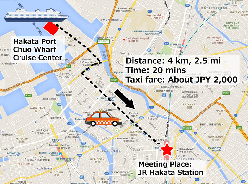 Map showing route, distance, time and taxi fare from the Hakata Port Chuo Wharf Cruise Center to the meeting place of the tour, JR Hakata Station.