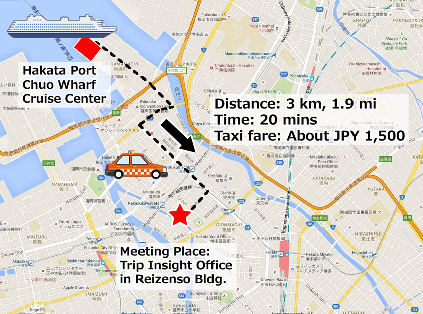 Map showing route, distance, time and taxi fare from the Hakata Port Hakozaki Wharf to the meeting place of the tour, Trip Insight Corp in the Reizenso building.