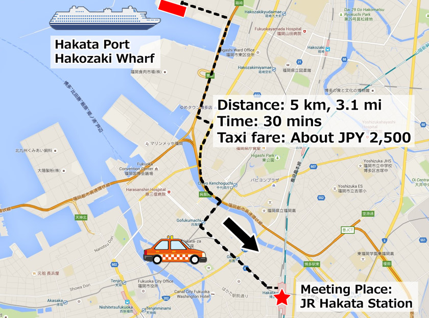 Map showing route, distance, time and taxi fare from the Hakata Port Hakozaki Wharf to the meeting place of the tour, JR Hakata Station.