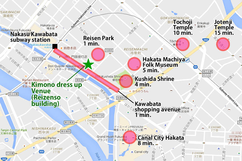 This map shows the kimono venues of Fukuoka Kimono Dress Up and recommended places to visit in kimono.